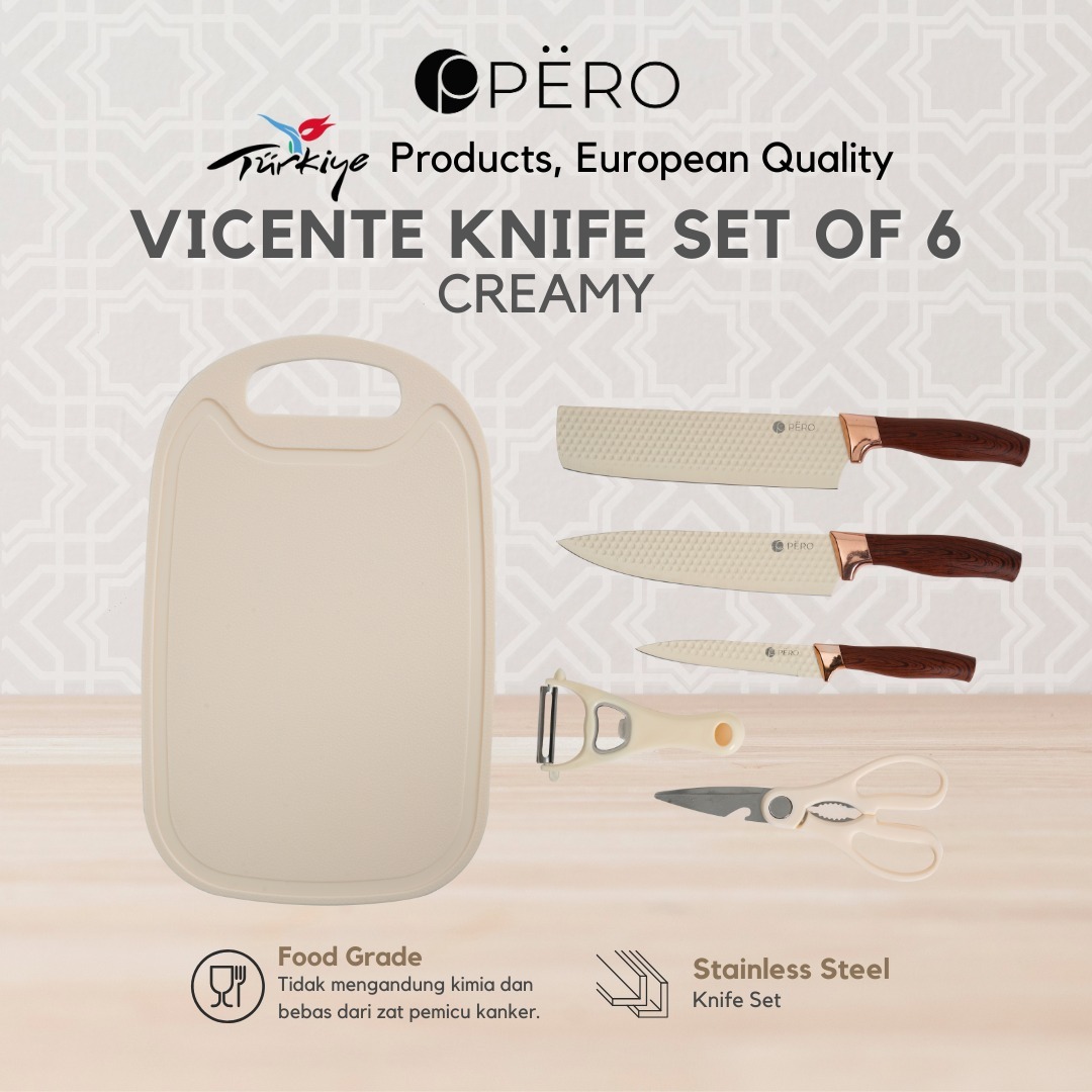Premium Vicente Knife Set / Set Pisau of 6 with Cutting Board - Creamy, Brownstone, Rose Gold