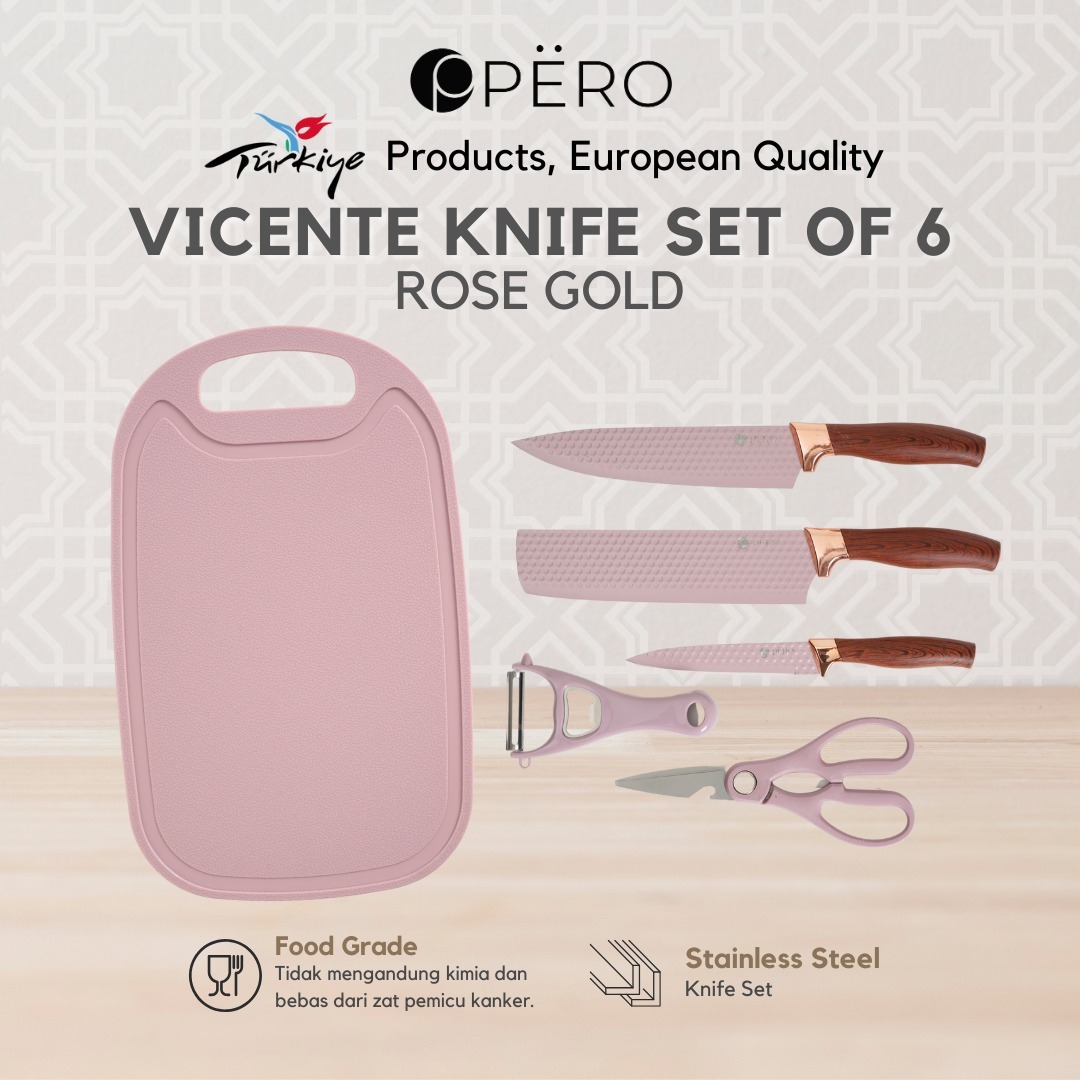 Premium Vicente Knife Set / Set Pisau of 6 with Cutting Board - Creamy, Brownstone, Rose Gold