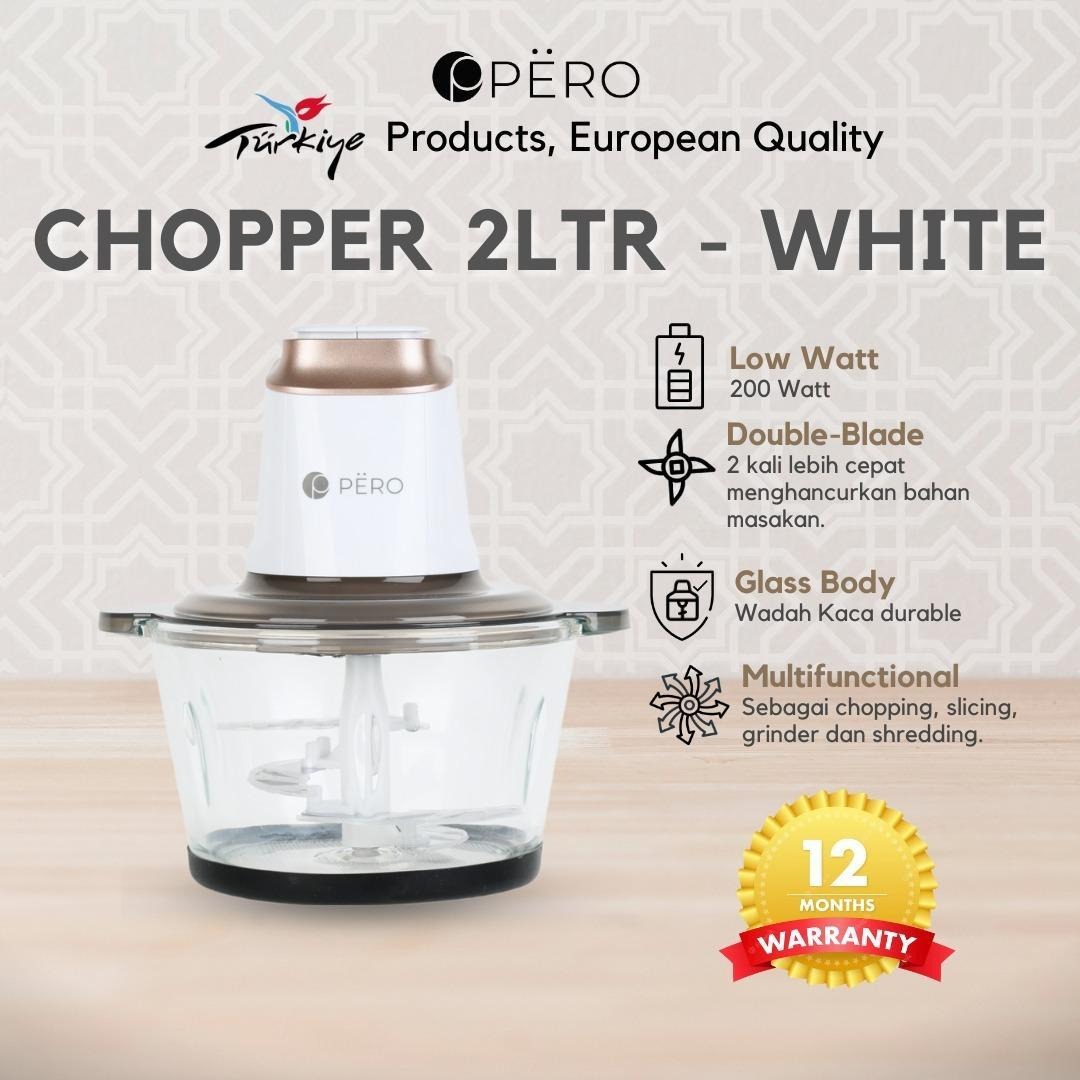 PERO Chopper 2 Liter / Food Processor 200 watt / Penggiling Daging Sayur Buah Es Batu / Chopper Kaca Tebal - Pink Green, Yellow Blue, Blue Pink, White Blue