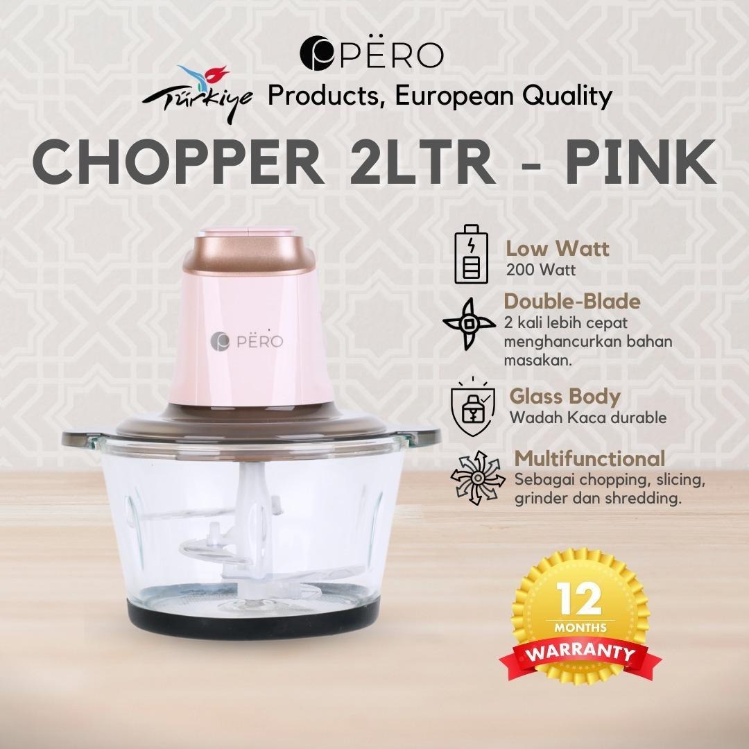 PERO Chopper 2 Liter / Food Processor 200 watt / Penggiling Daging Sayur Buah Es Batu / Chopper Kaca Tebal - Pink Green, Yellow Blue, Blue Pink, White Blue