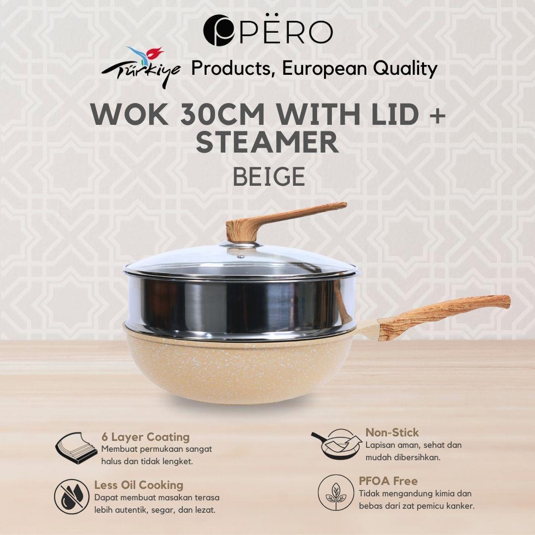 Pero Wok 30cm With Lid + Steamer / Wajan Granite Anti Lengket - Brown, Rose Gold, Beige