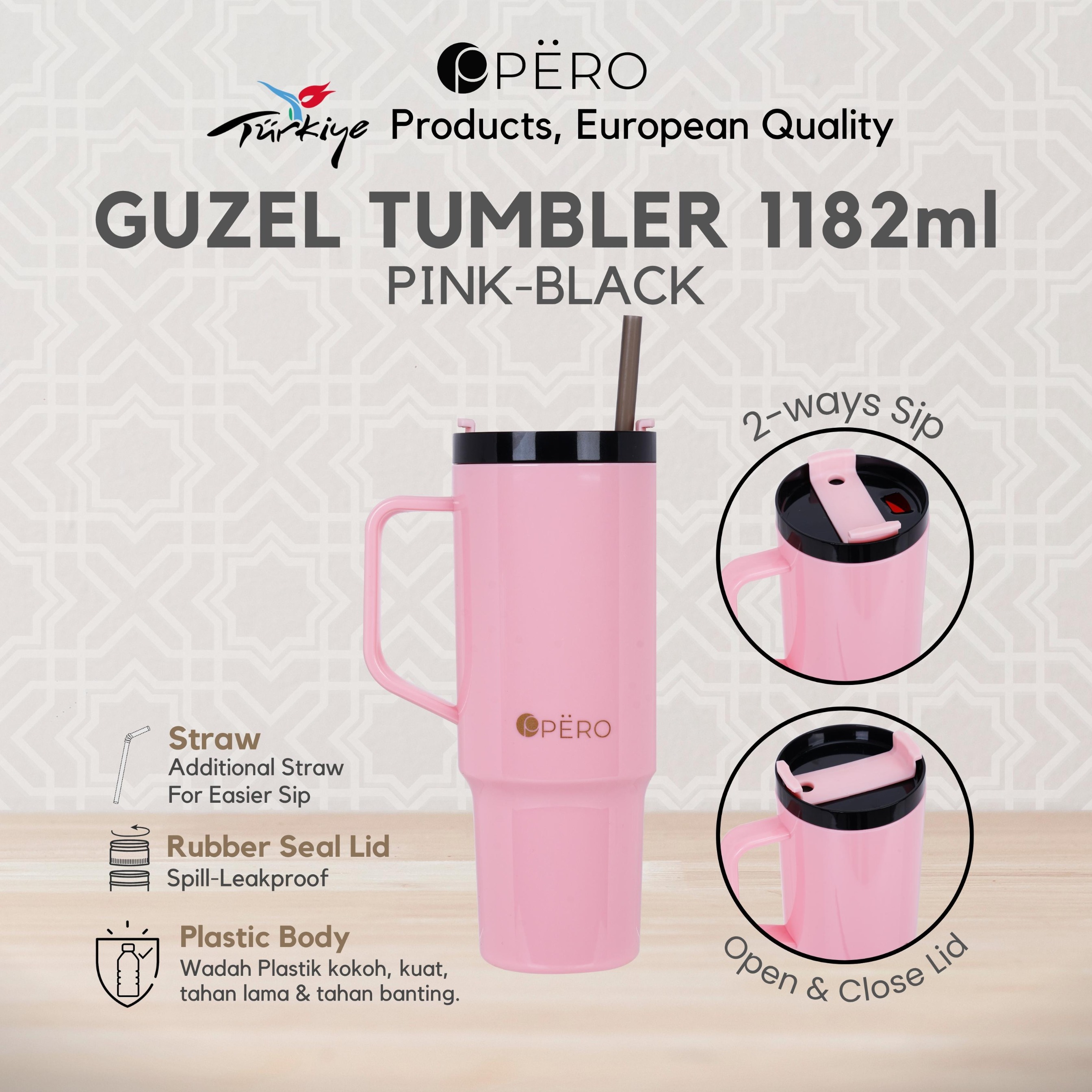 PERO Guzel Tumbler 1182ml - Pink, Blue, Yellow, White, Pink Black, Black Pink