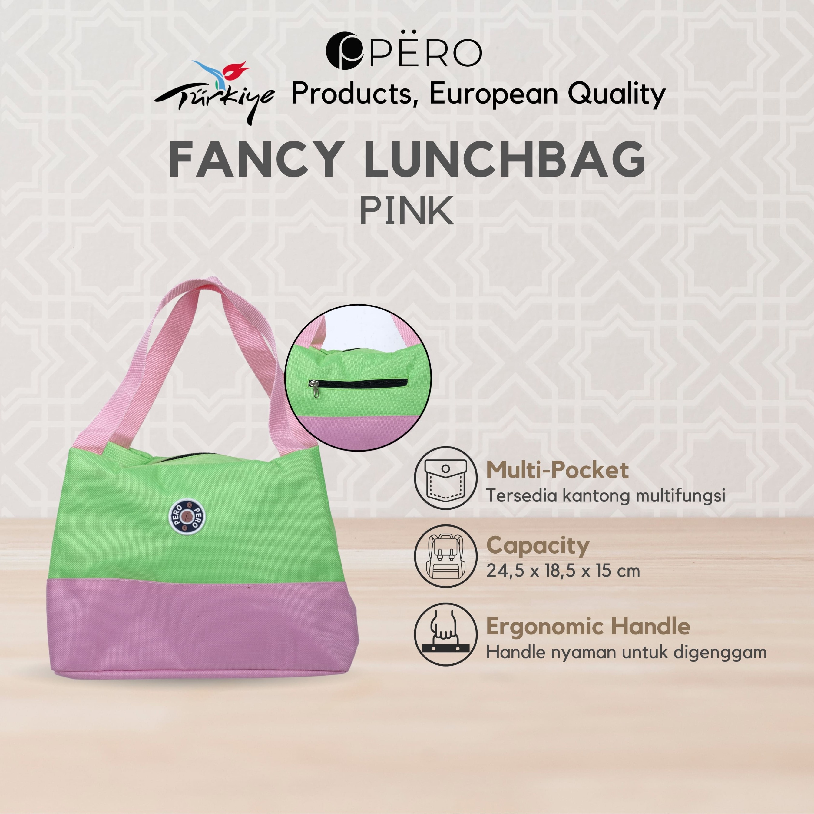 Pero Fancy Lunch Box/ Tas Bekal Premium Motif Elegan - White, Green, Pink, Yellow