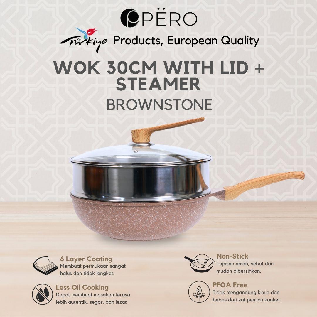 Pero Wok 30cm With Lid + Steamer / Wajan Granite Anti Lengket - Brown, Rose Gold, Beige