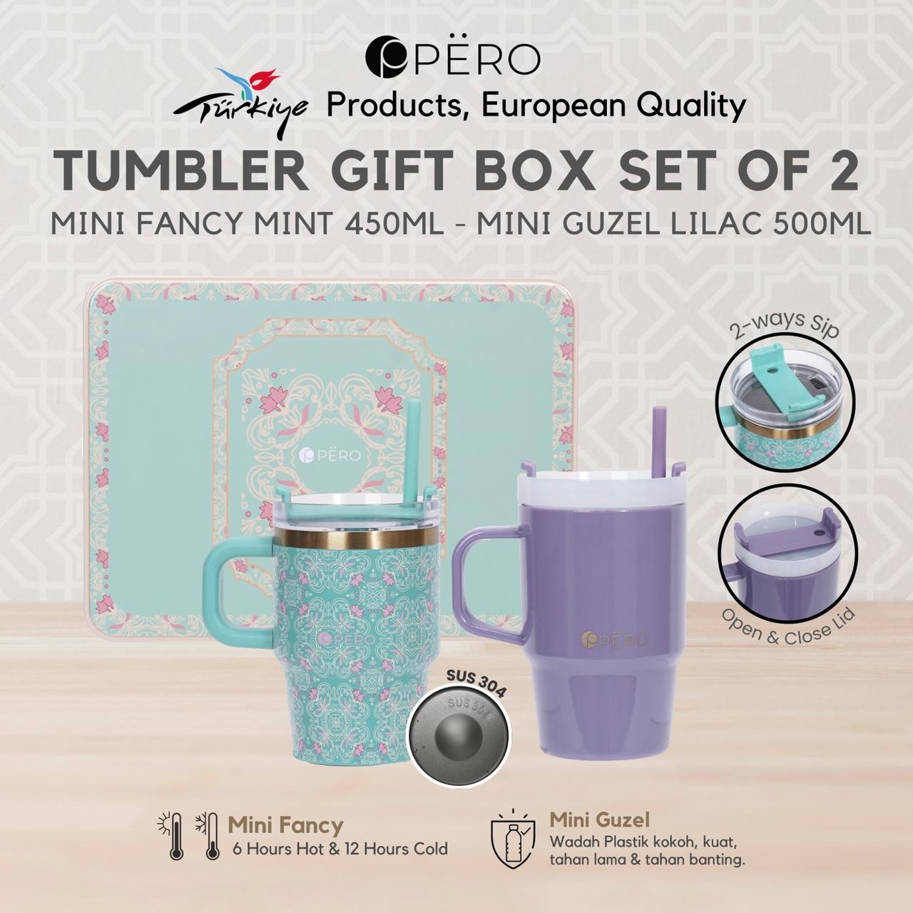 PERO INARA Gift Box Tumbler / Botol Minum Mini Fancy 450ml - Mini Guzel 500ml Mint & Lilac, Baby Pink & Navy
