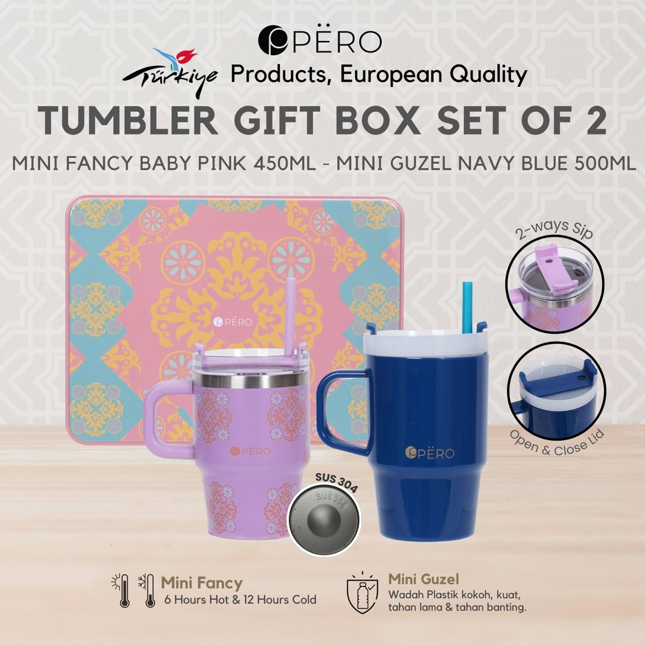 PERO INARA Gift Box Tumbler / Botol Minum Mini Fancy 450ml - Mini Guzel 500ml Mint & Lilac, Baby Pink & Navy
