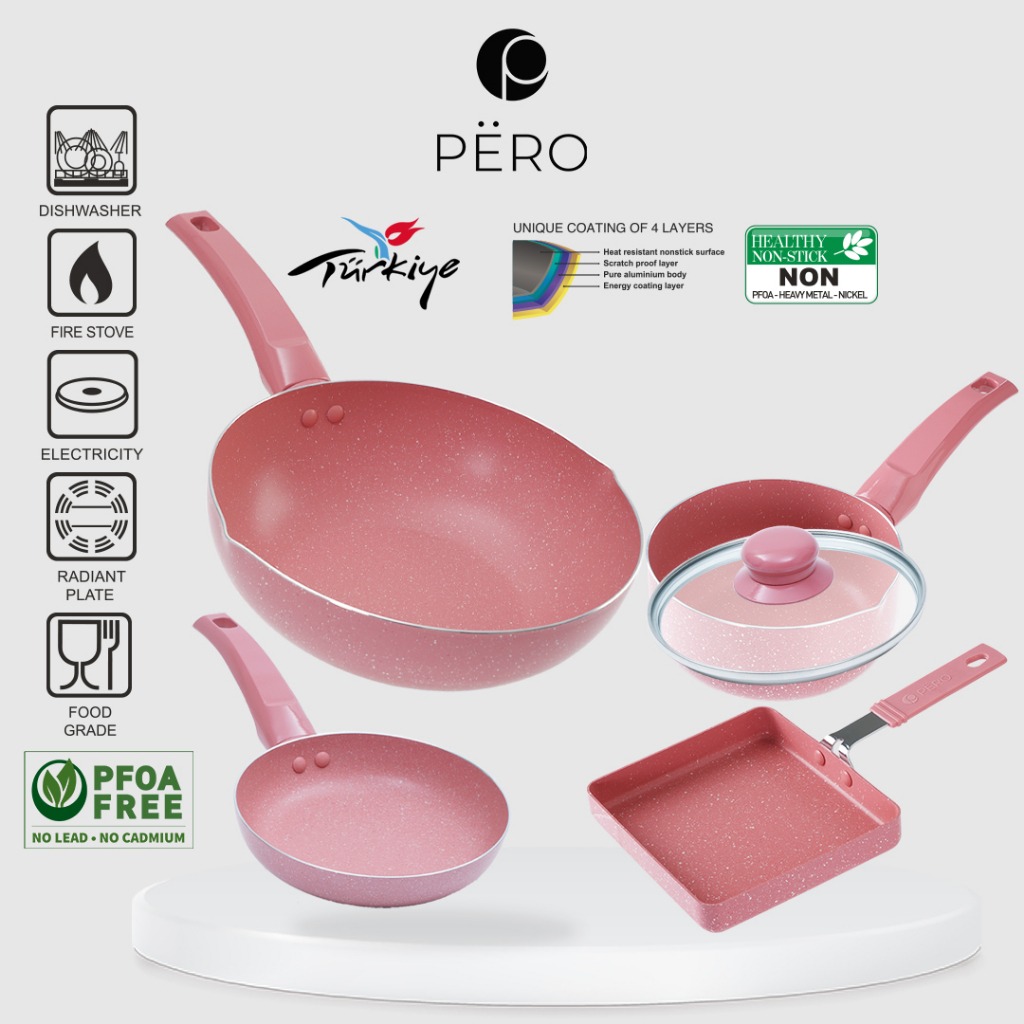 Pero Set of 4 Wokpan 24cm, Tamagoyakipan 15cm, Frypan 18cm, Saucepan 16cm with Lid - Mint, Pink, Blue