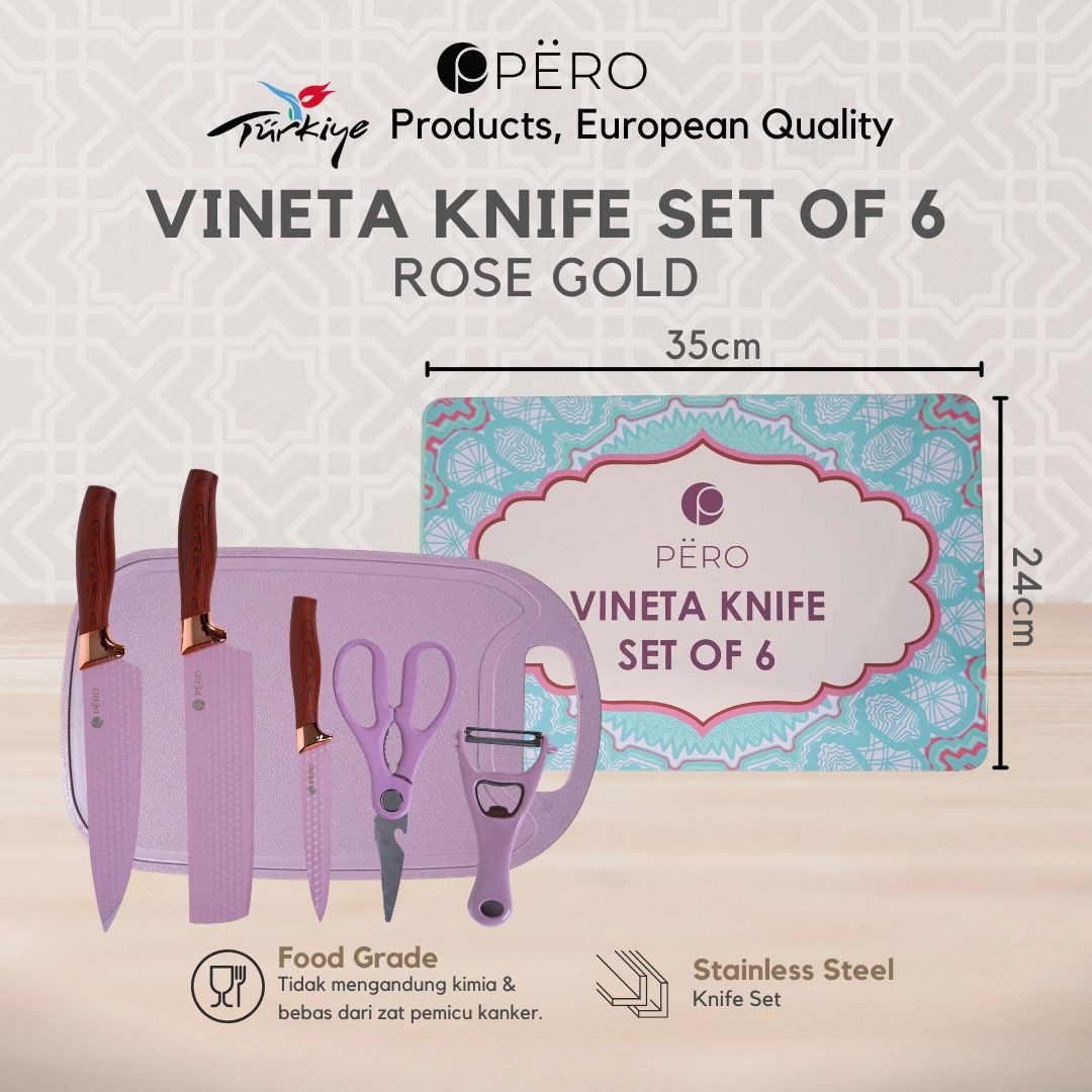 Pero Premium Knife Set / Set Pisau of 6 with Cutting Board - Creamy, Rose Gold
