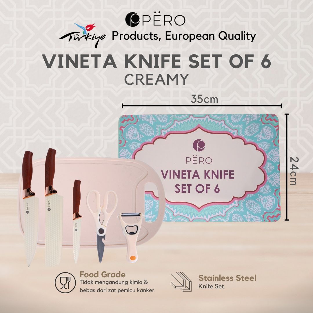 Pero Premium Knife Set / Set Pisau of 6 with Cutting Board - Creamy, Rose Gold