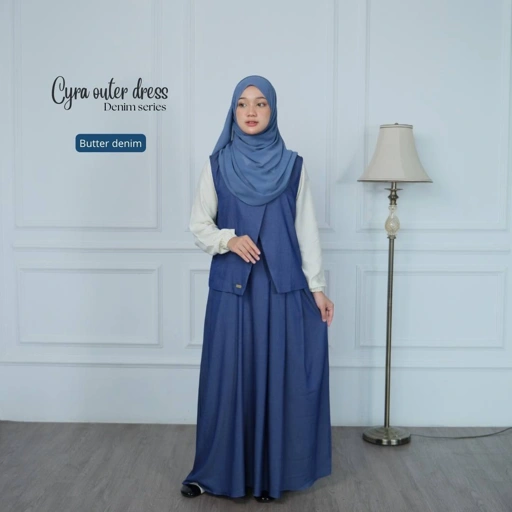 Image of Riskirich Cyra Denim Dress Outer Silk Jacquard Outfit Kekinian