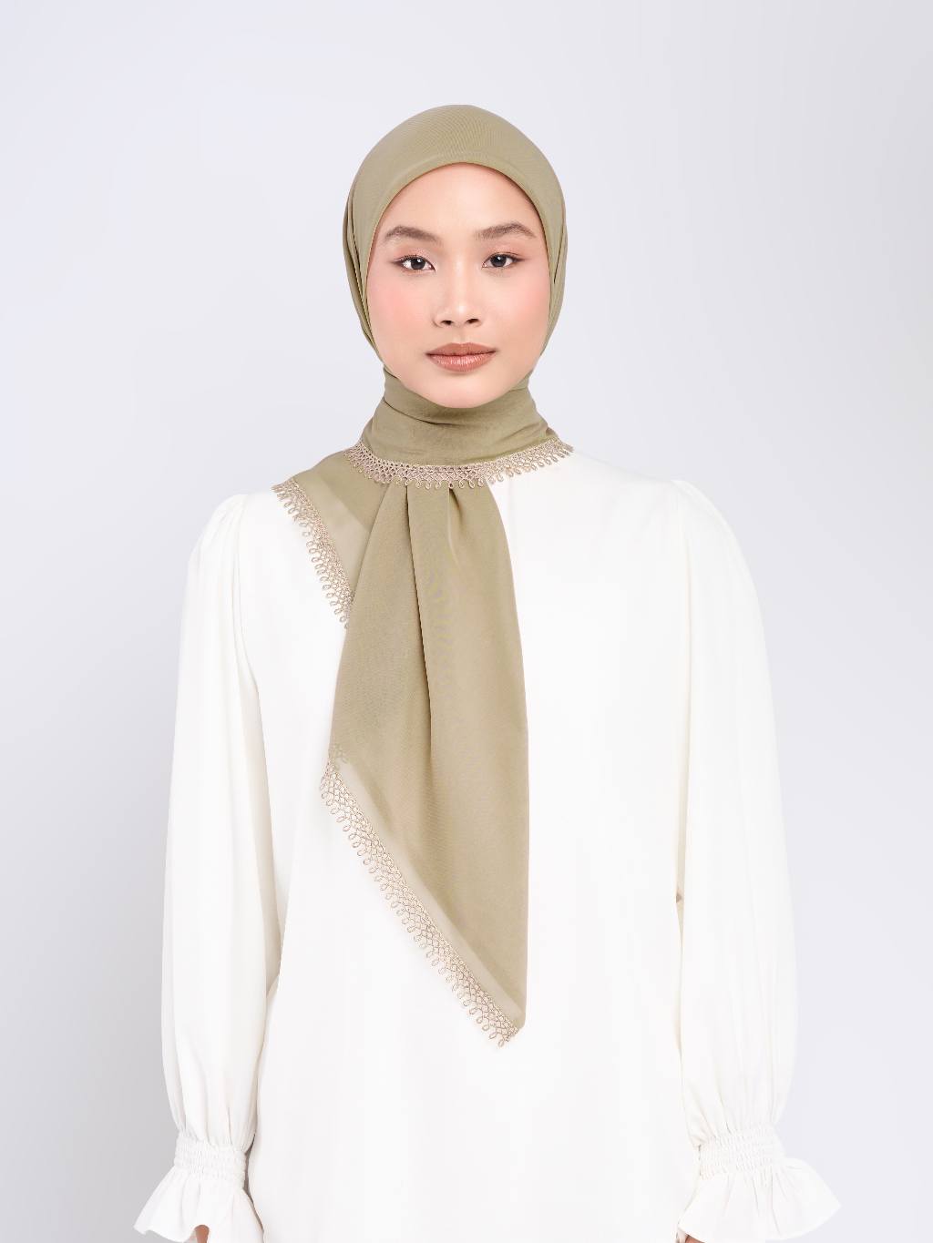 Erelia Embroidery - Hijab Segiempat Bordir Tepi Geometris