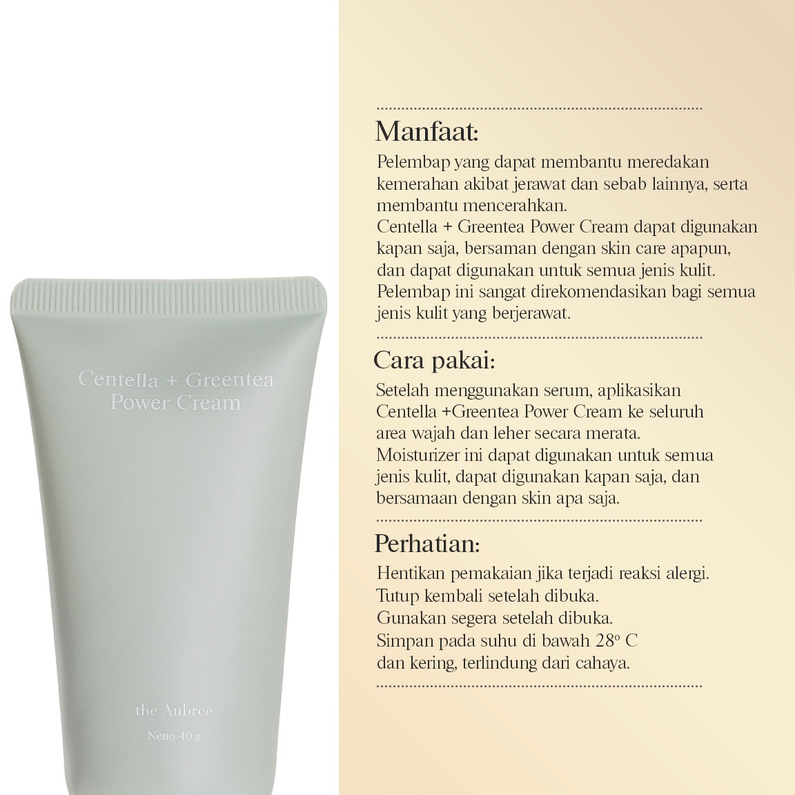The Aubree Centella + Greentea Power Cream New Formula 40gr Pelembap Kulit Berminyak