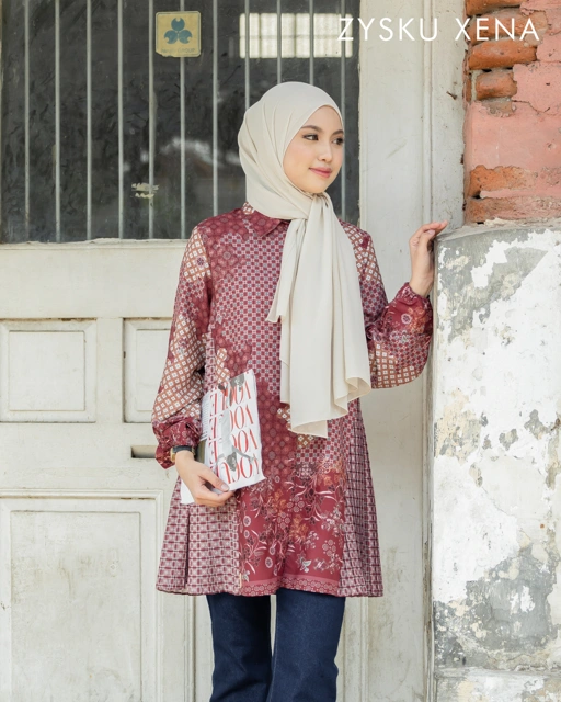 Zysku Xena | Rona Tunic - 5 Warna | Kemeja Atasan Pleats Plisket Print Batik Inspired Agustusan