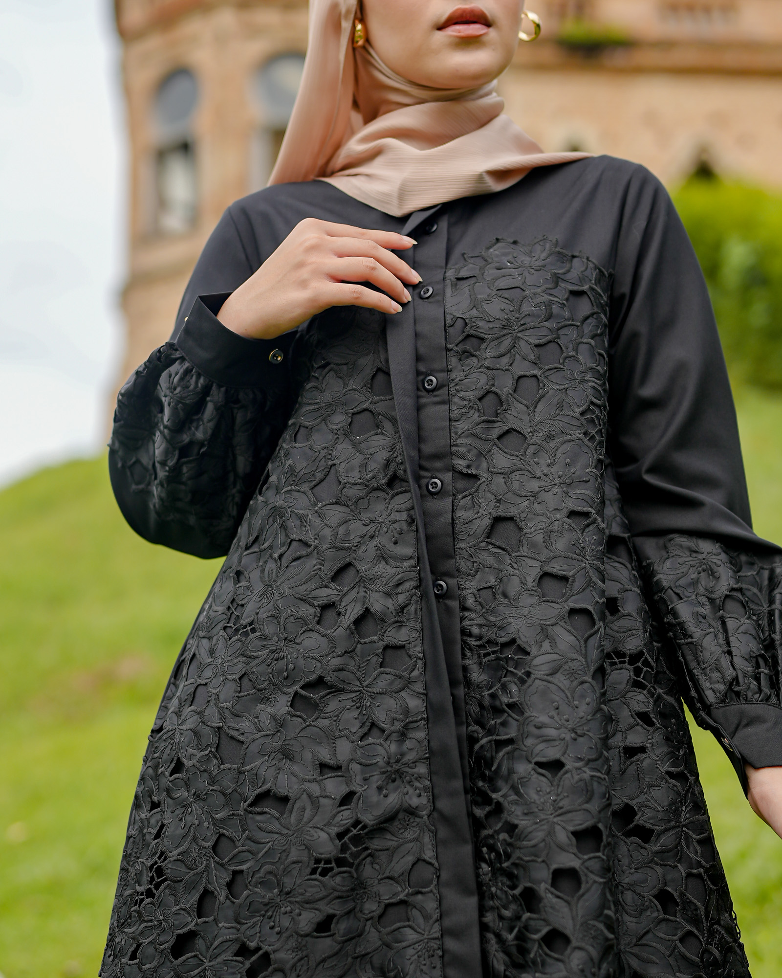Zysku Xena | Mooi Abaya | Dress Kemeja Wanita Lengan Panjang Organza Bordir Brokat