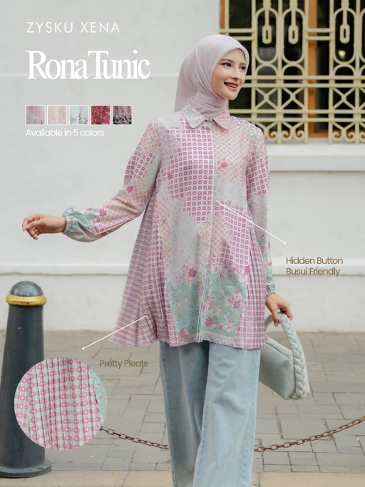 Zysku Xena | Rona Tunic - 5 Warna | Kemeja Atasan Pleats Plisket Print Batik Inspired Agustusan