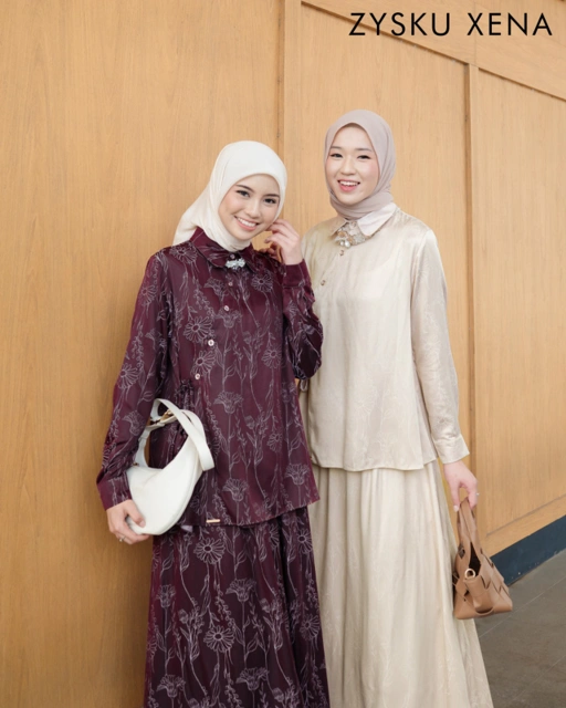 Image of Zysku Xena | Eshal One Set | Atasan Rok Pinggang Karet Setrok Busui Friendly Motif Jacquard