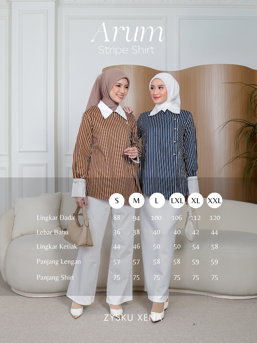 Zysku Xena | Arum Shirt - 2 Warna | Kemeja Kantor Janggan Lengan Panjang Wanita Stripes Salur