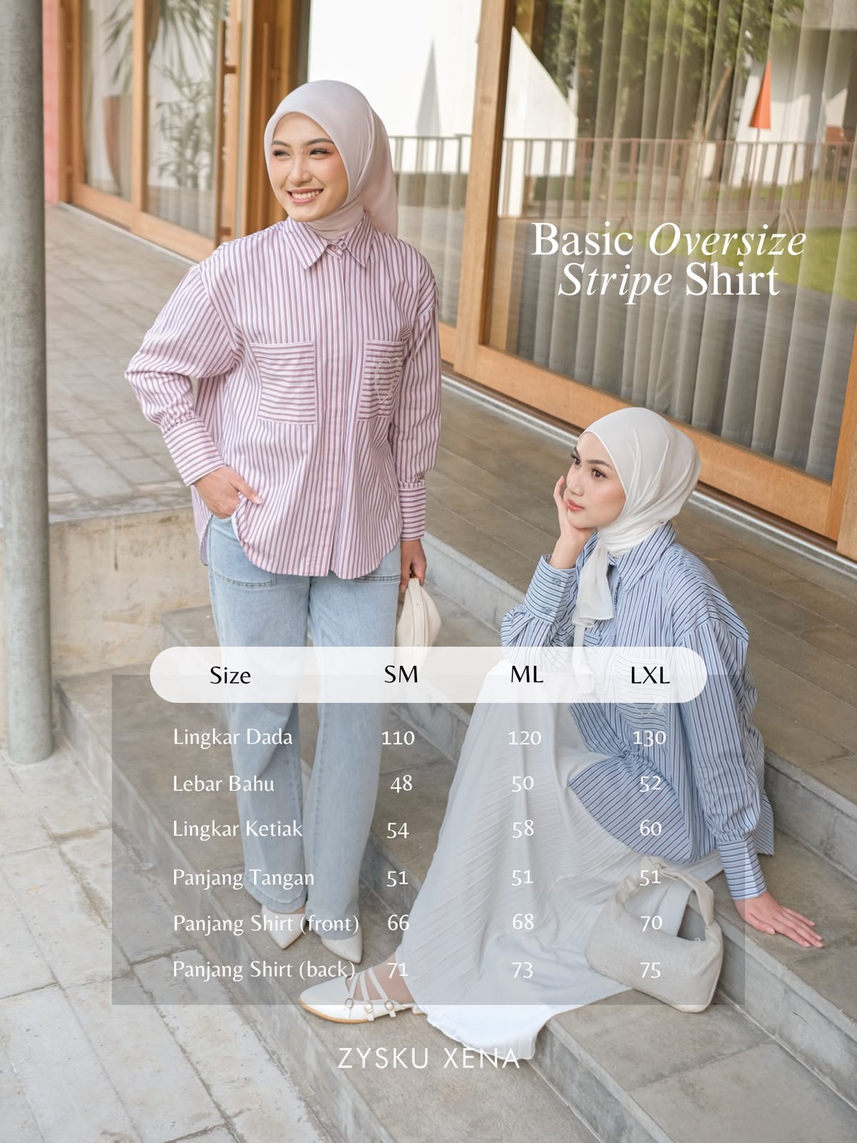 Zysku Xena | Basic Oversized Striped Shirt - 8 Warna | Kemeja Wanita Lengan Panjang Salur Longgar Casual