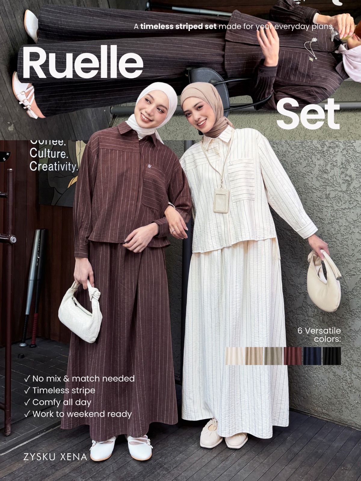 Zysku Xena - Ruelle One Set - 6 Warna | Setelan Kemeja dan Rok Salur Oversize