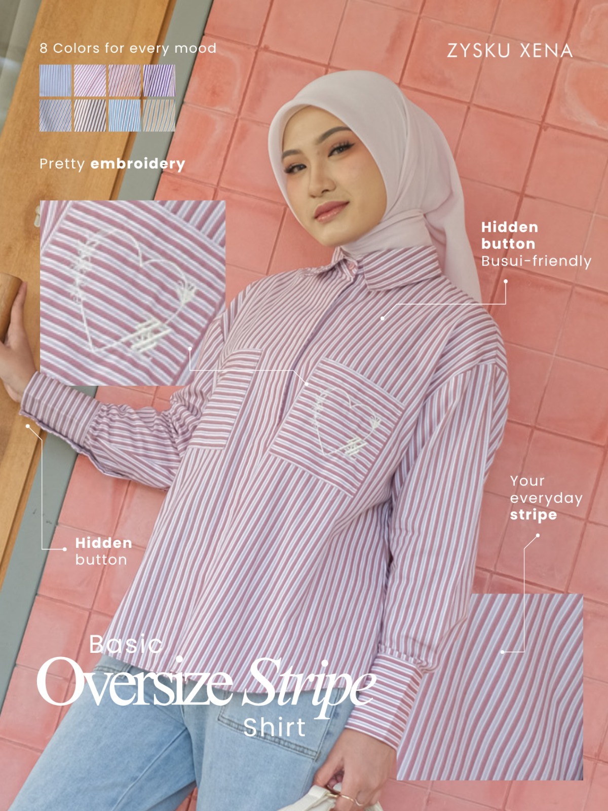 Zysku Xena | Basic Oversized Striped Shirt - 8 Warna | Kemeja Wanita Lengan Panjang Salur Longgar Casual