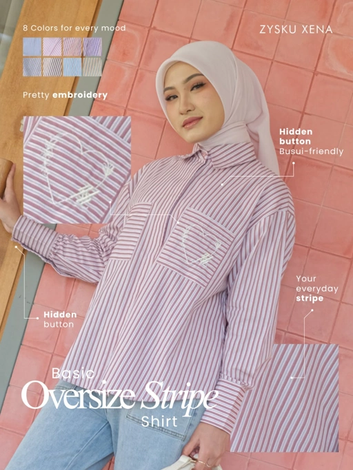 Zysku Xena | Basic Oversized Striped Shirt - 8 Warna | Kemeja Wanita Lengan Panjang Salur Longgar Casual