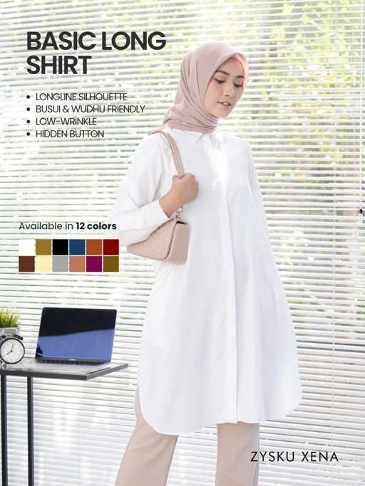Zysku Xena | Basic Long Shirt - 9 Warna | Kemeja Kerja Polos Kantor Wanita Lengan Panjang