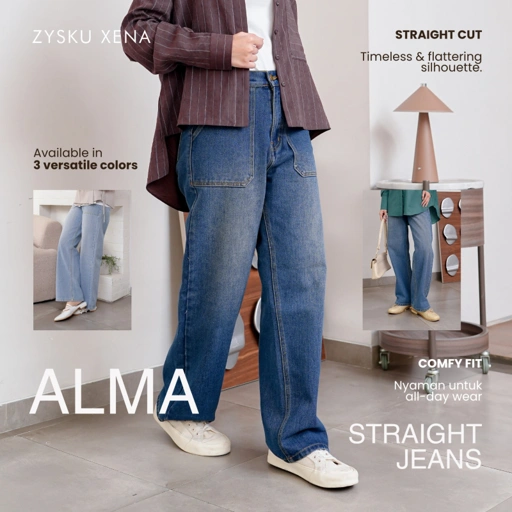 Zysku Xena | Alma Straight Jeans - 3 Warna | Celana Denim Lurus Longgar