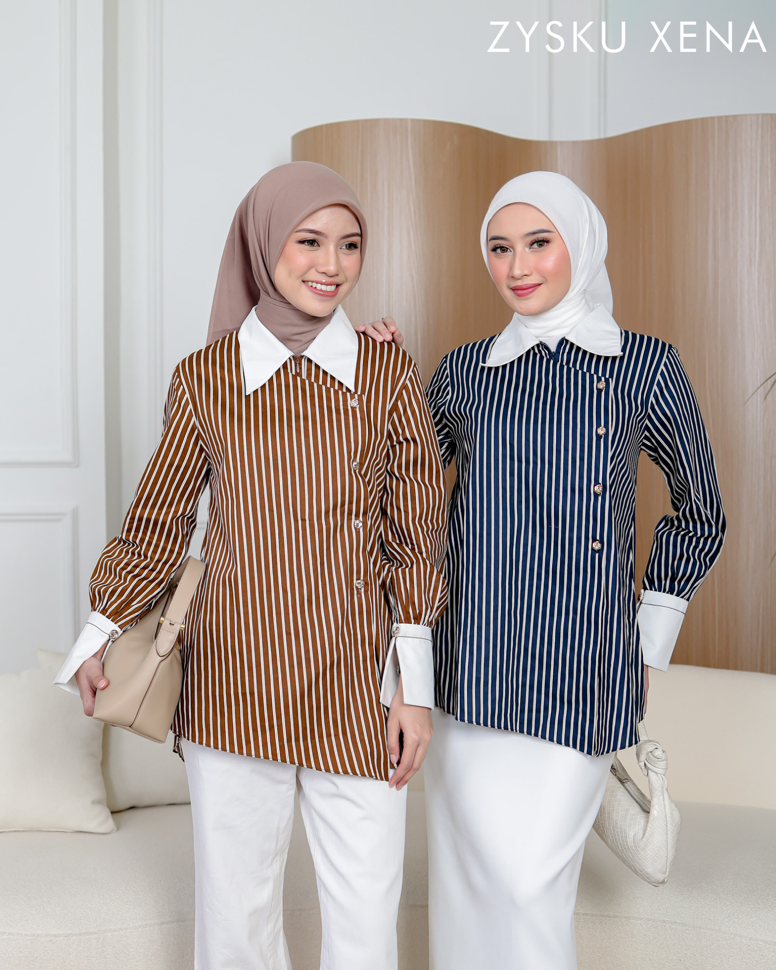 Zysku Xena | Arum Shirt - 2 Warna | Kemeja Kantor Janggan Lengan Panjang Wanita Stripes Salur