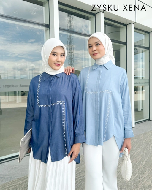Image of Zysku Xena | Dove Shirt - 2 Warna | Kemeja Bordir Denim Oversize Allsize Lengan Panjang Wanita