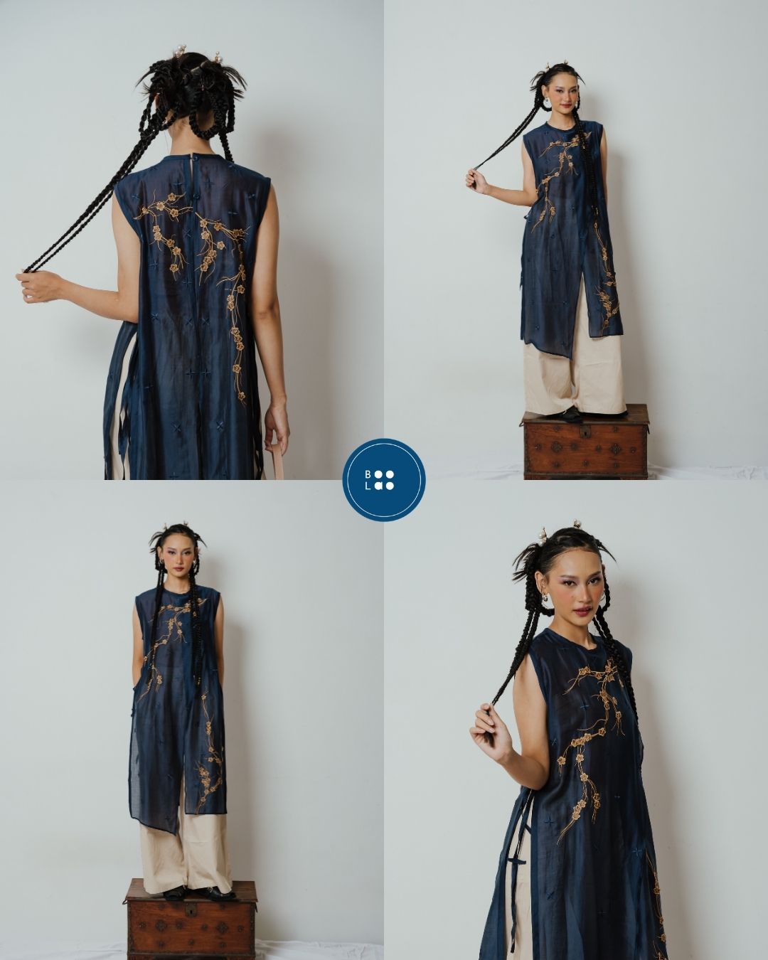 BOOLAO Long Vest Sakura 3D Embroidery - Dark Blue
