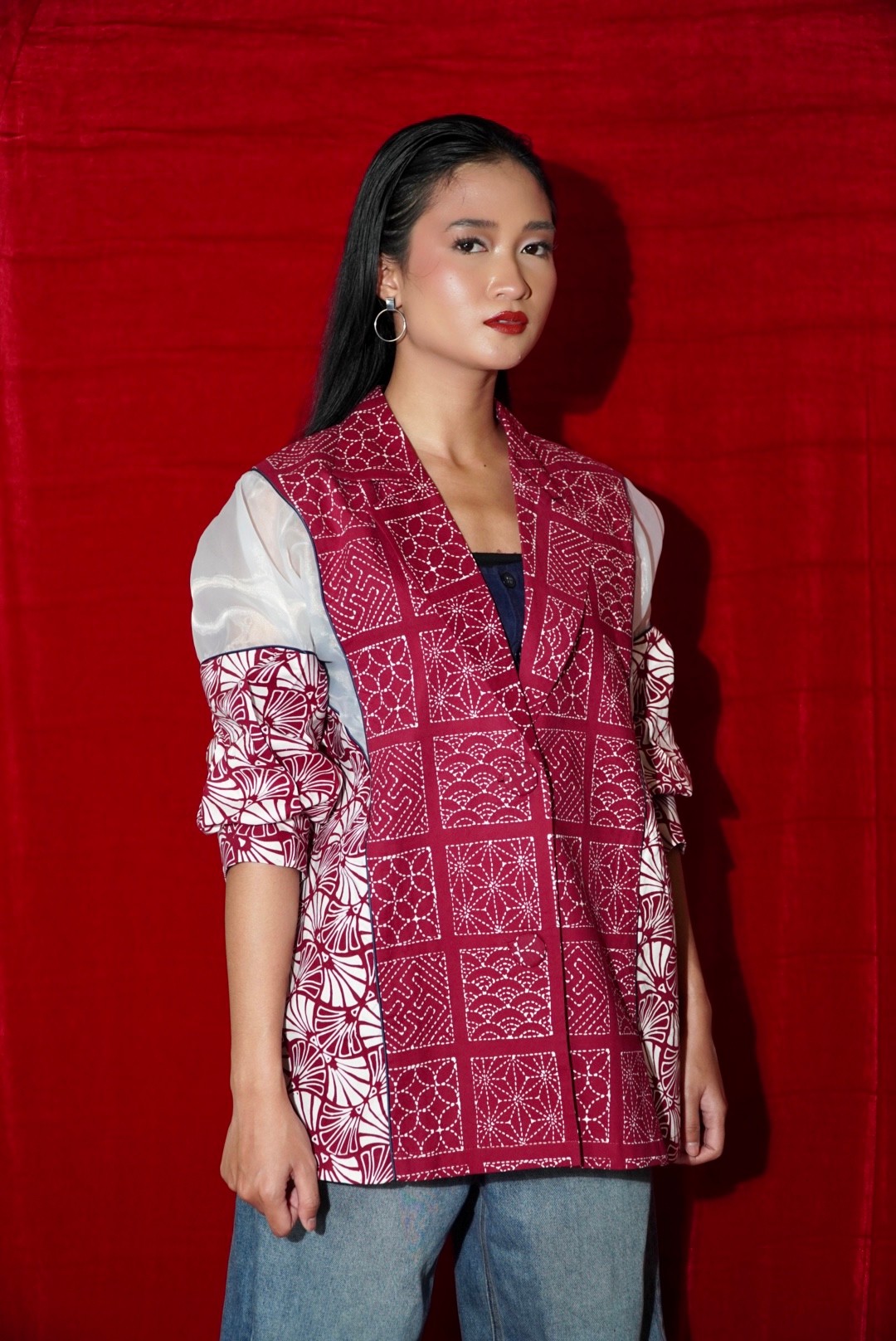 BOOLAO Blazer Organza Sashiko Batik - Maroon