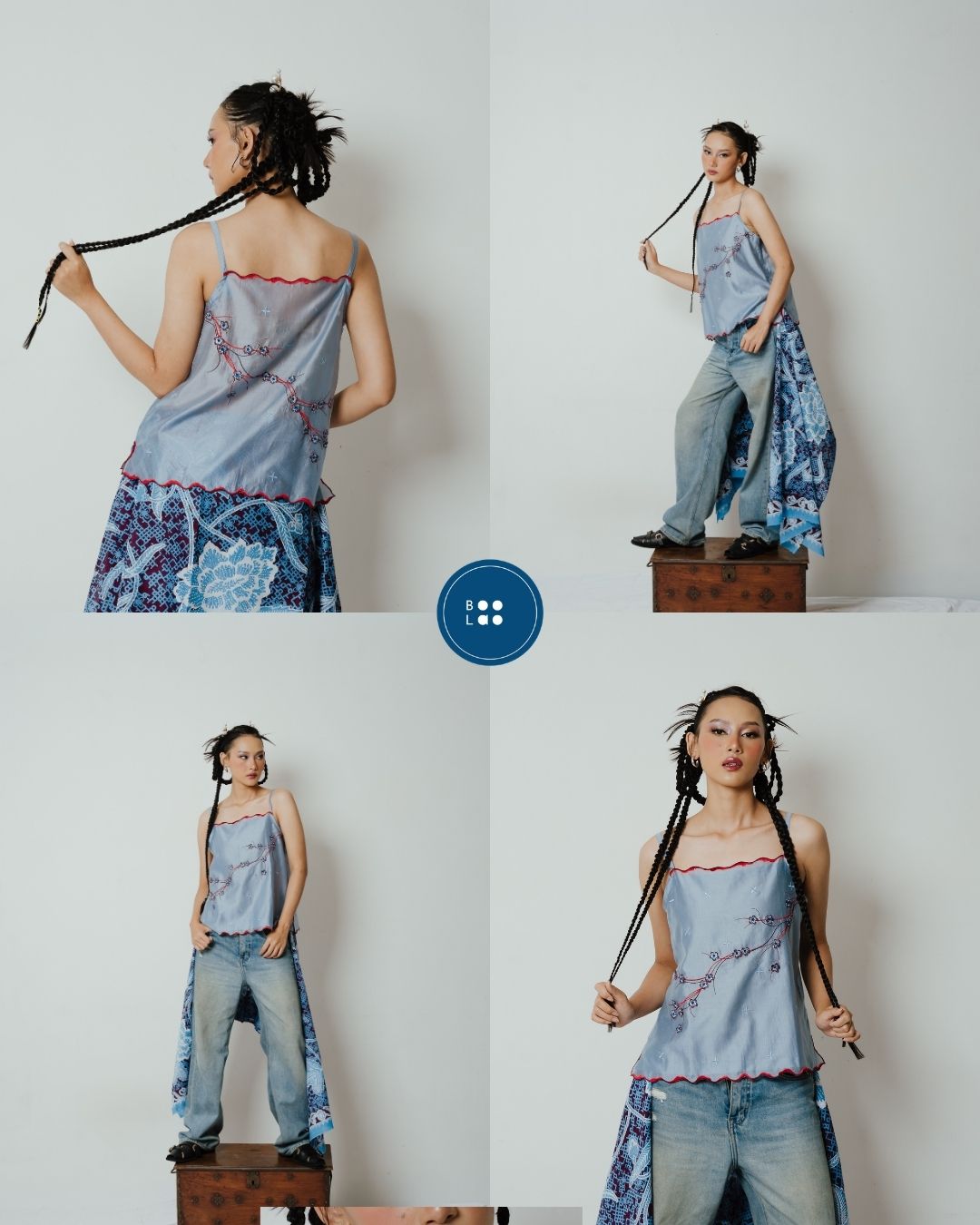 BOOLAO Camisole Sakura 3D Embroidery - Denim blue
