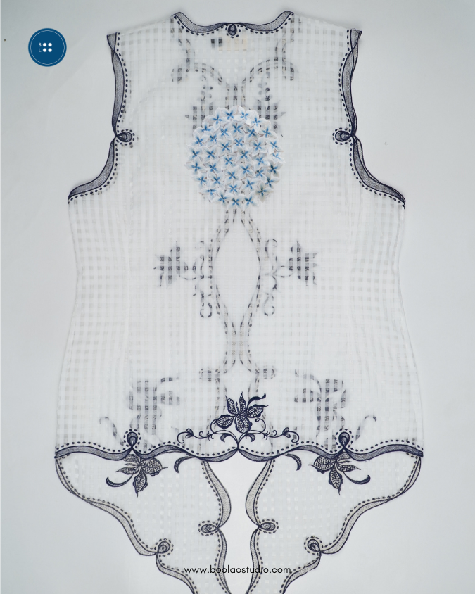Djaline by Boolao Kebaya Vest Anggrek Borondong - Putih Navy