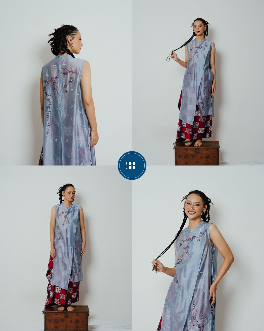 BOOLAO Long Vest Sakura 3D Embroidery - Denim Blue