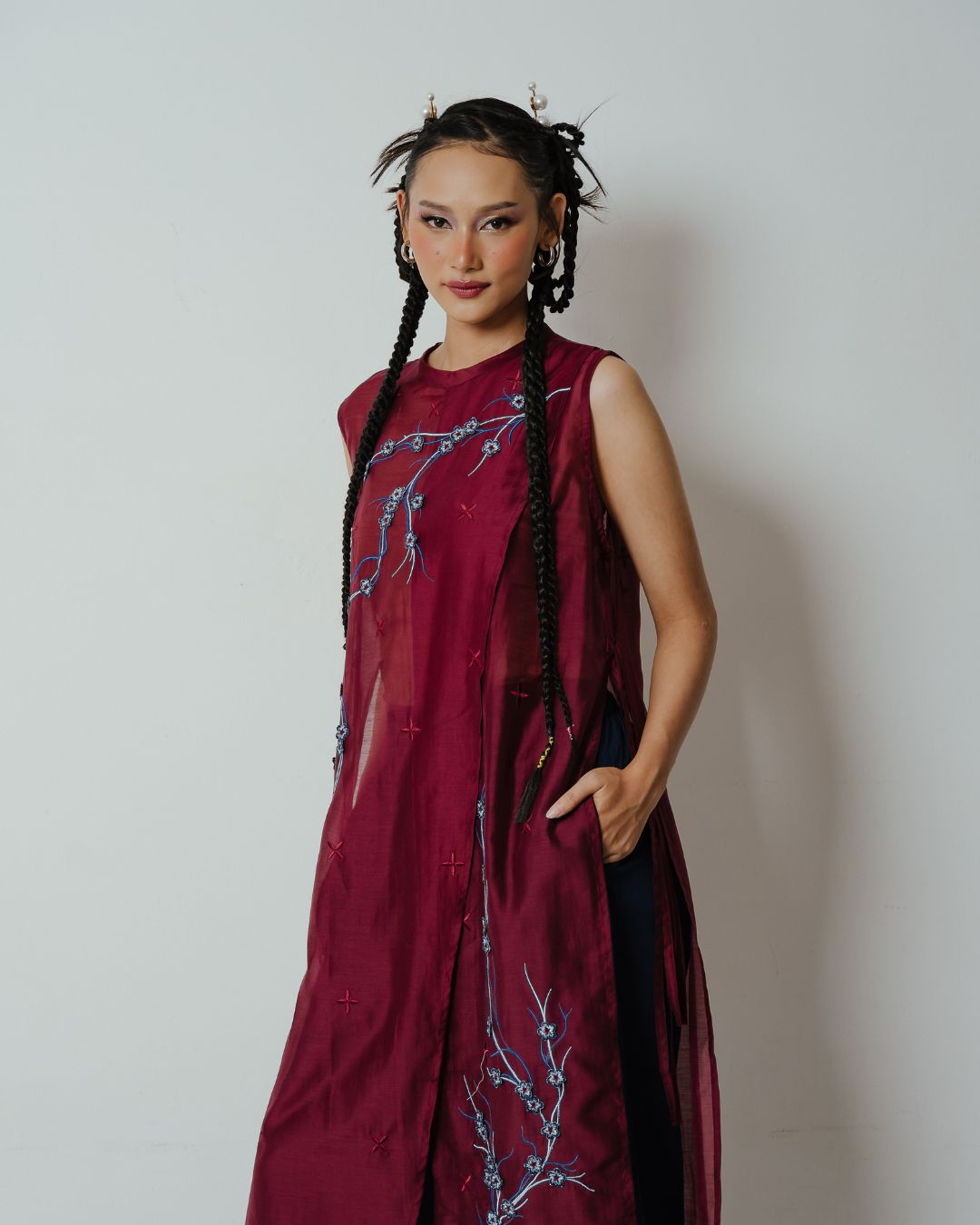 BOOLAO Long Vest Sakura 3D Embroidery - Red Wine