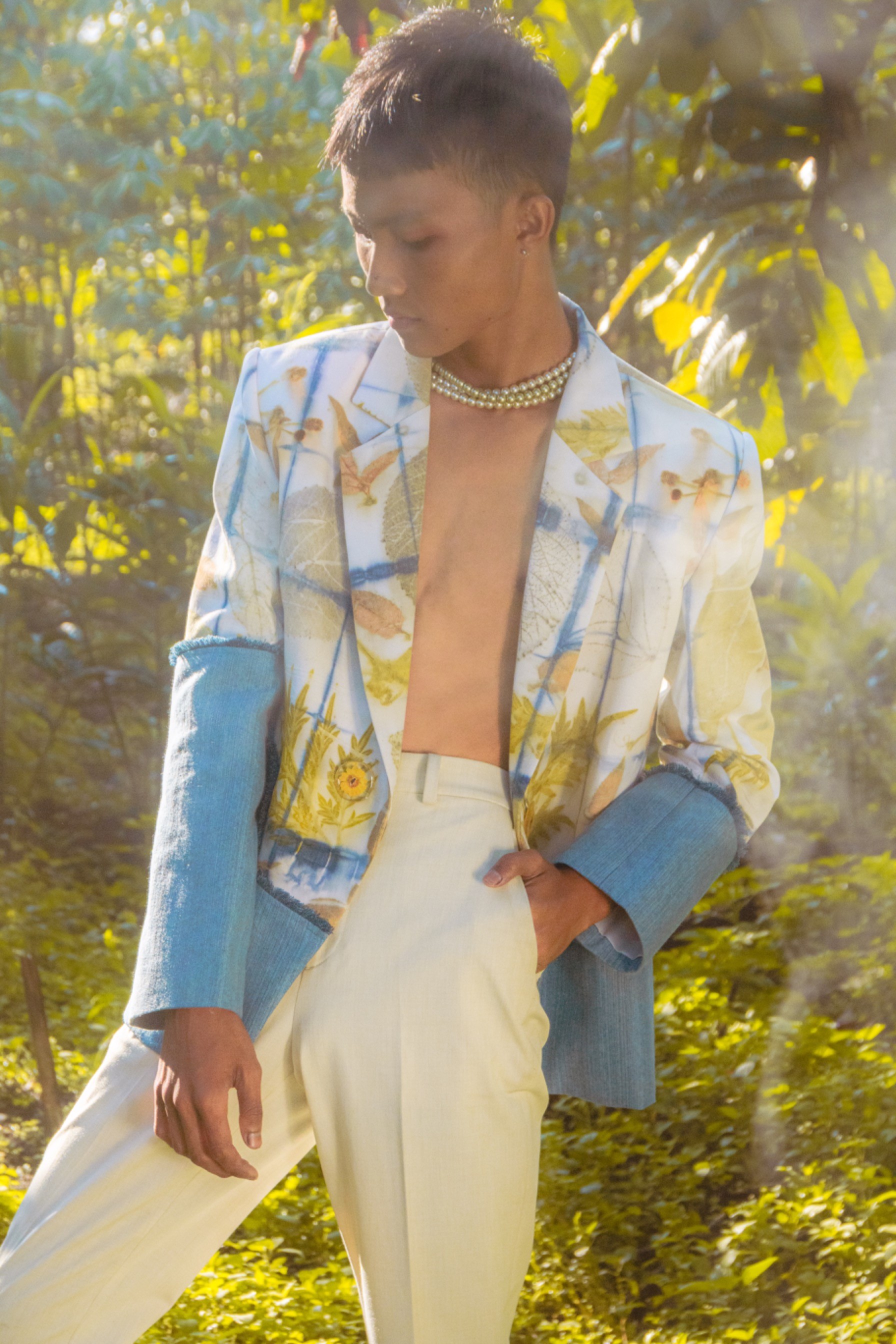 BOOLAO Two Tone Blazer Shibori On Ecoprint x Denim