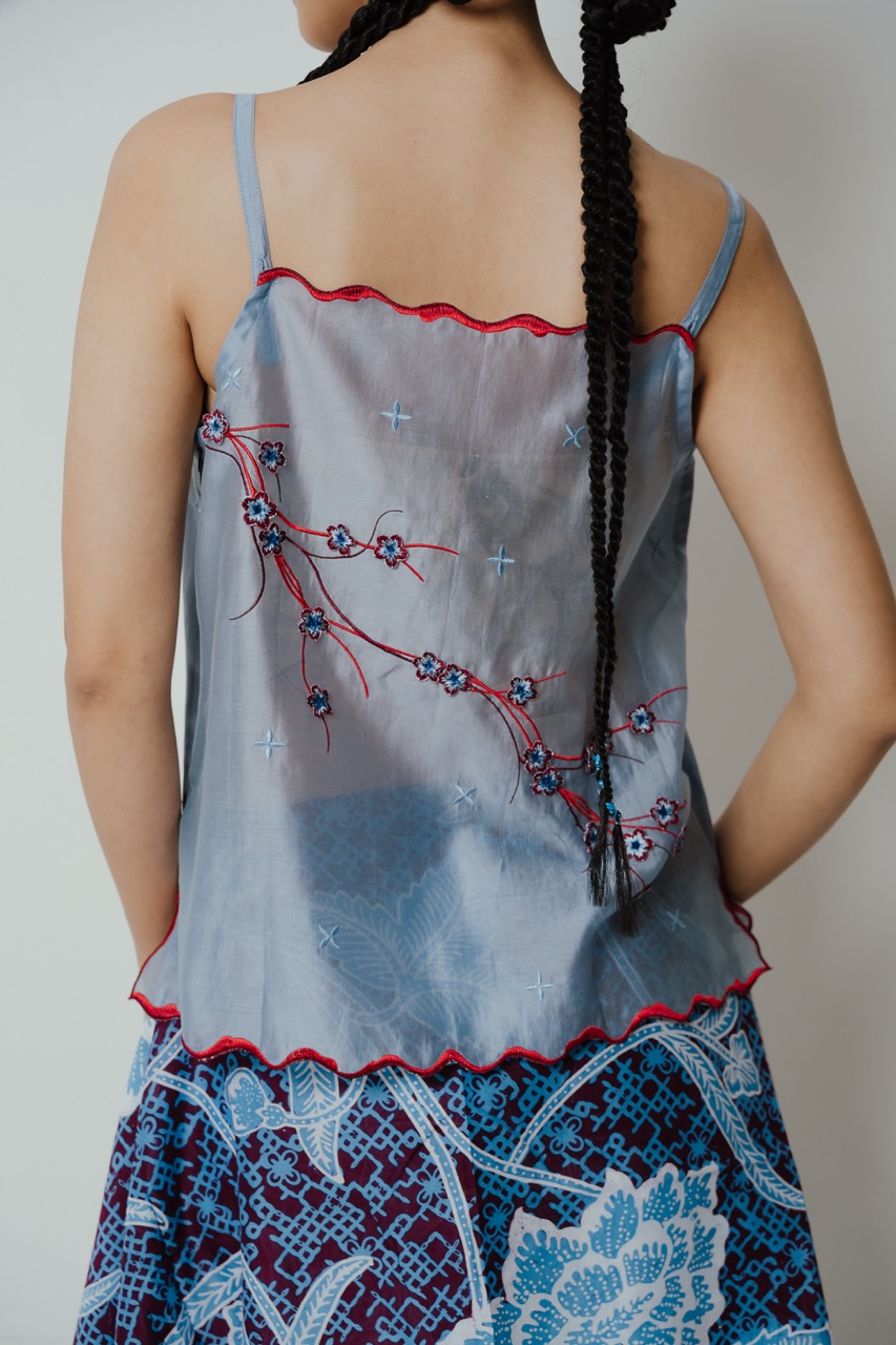 BOOLAO Camisole Sakura 3D Embroidery - Denim blue