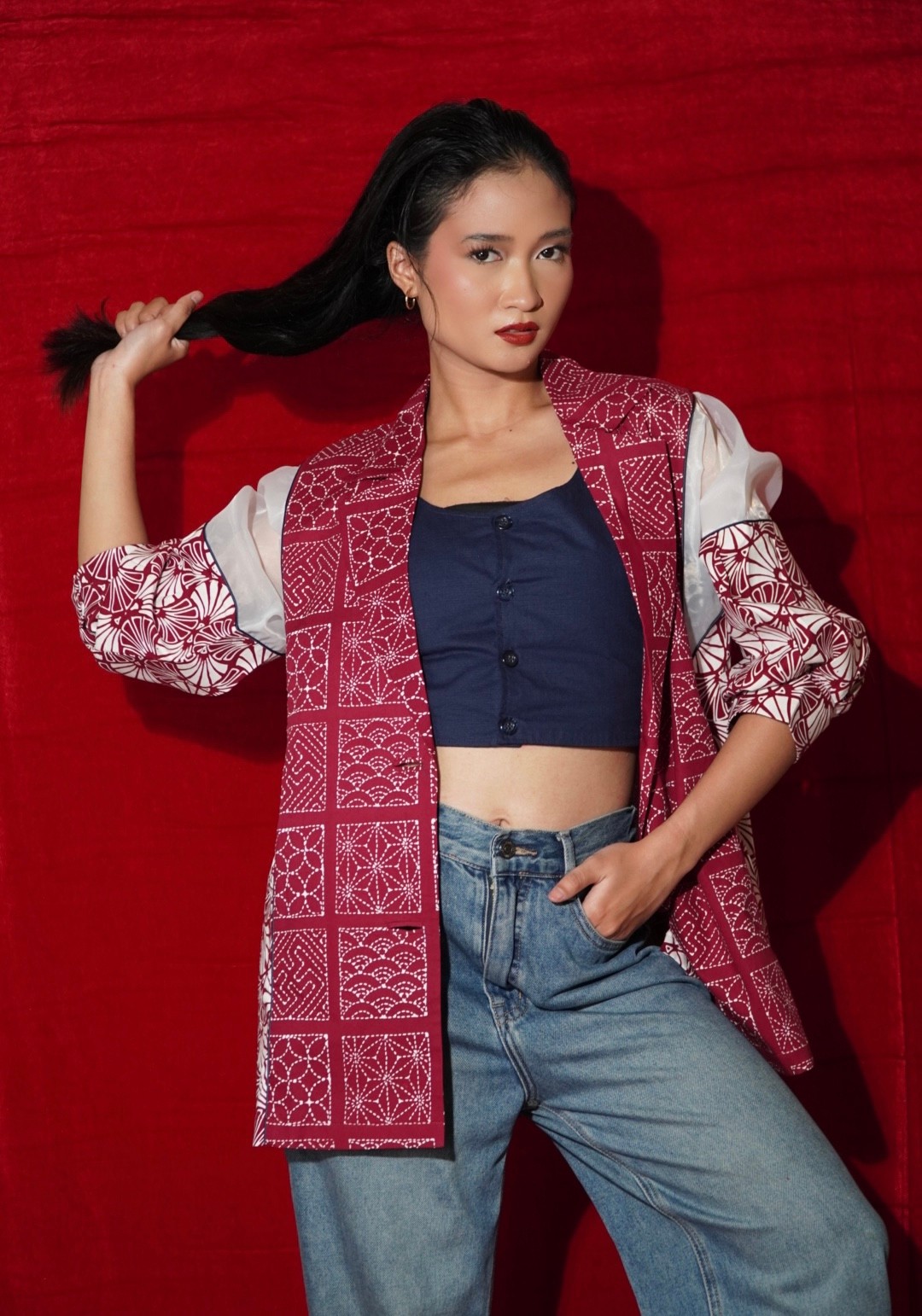 BOOLAO Blazer Organza Sashiko Batik - Maroon
