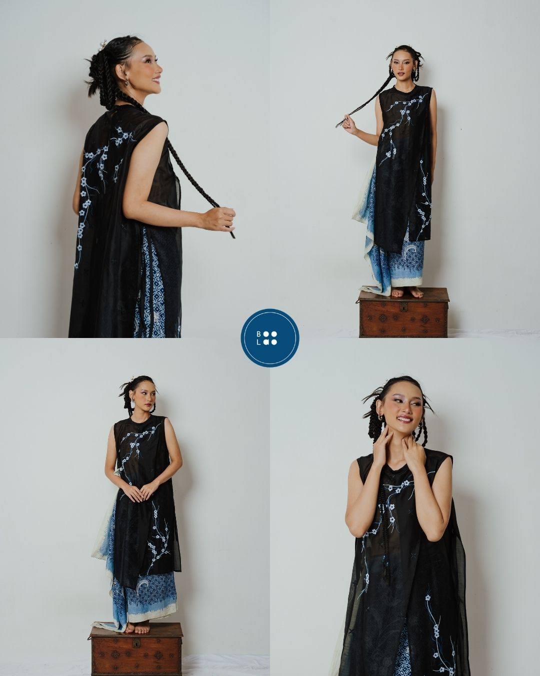 BOOLAO Long Vest Sakura 3D Embroidery - Black