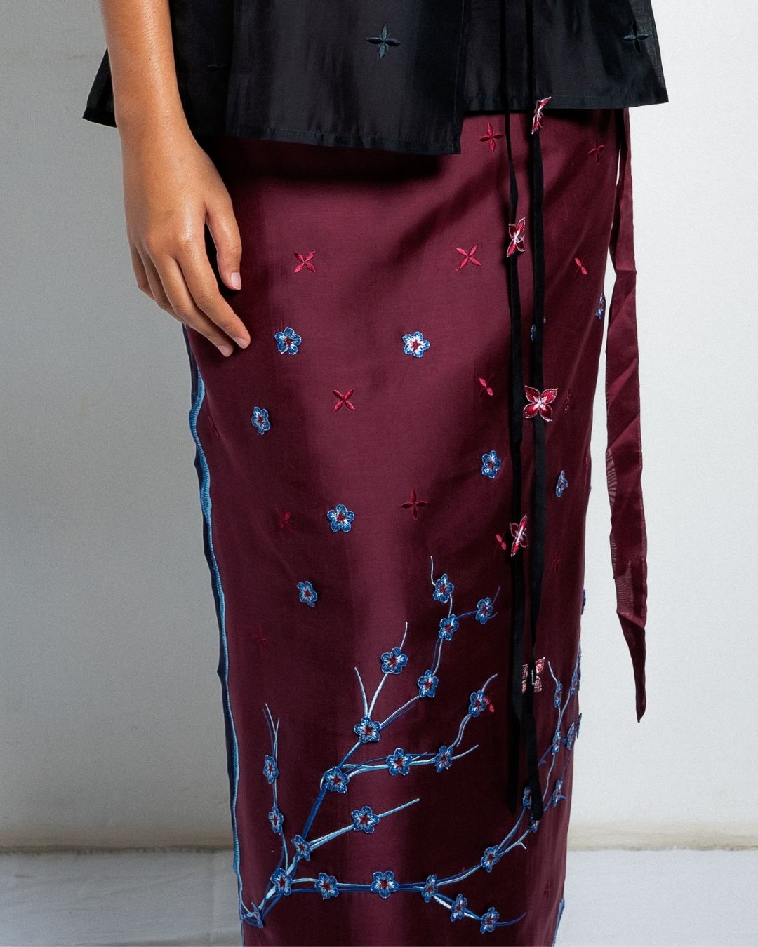 BOOLAO Sakura Saroong Wrap Skirt - Red Wine