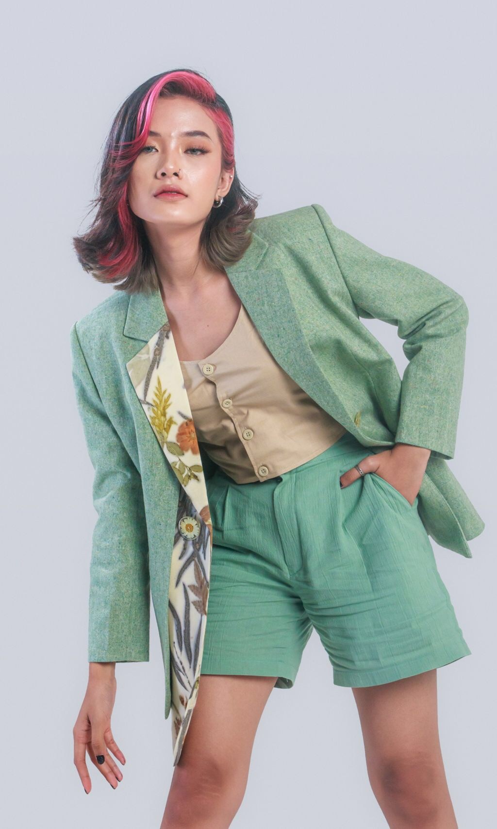 BOOLAO Botanical Blazer with Half Ecoprint Collar
