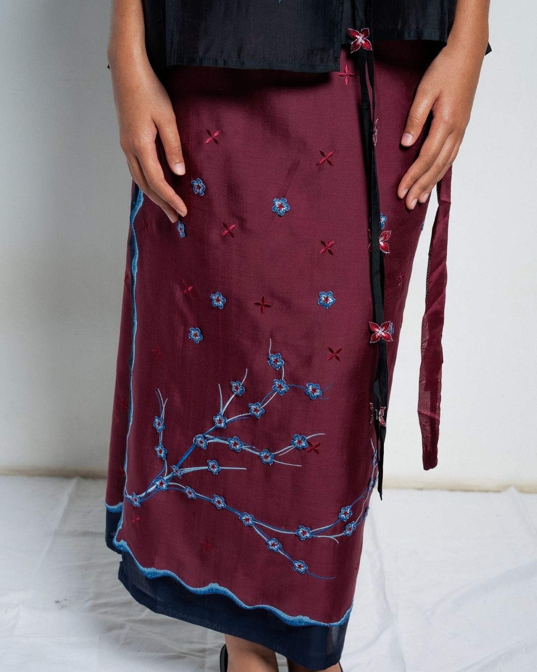 BOOLAO Sakura Saroong Wrap Skirt - Red Wine