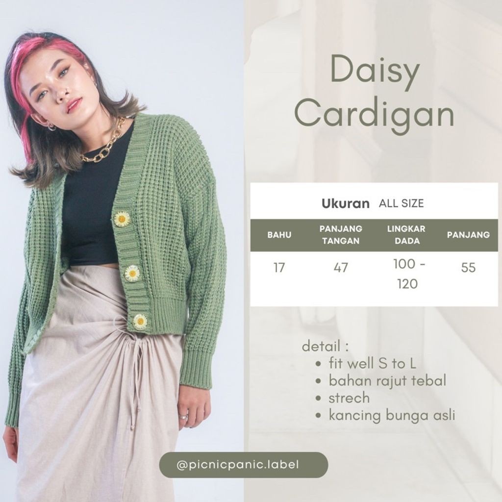 BOOLAO Picnic Panic Daisy Knit Cardigan (Sweater Rajut dengan Pressed Flower Kancing) - Matcha