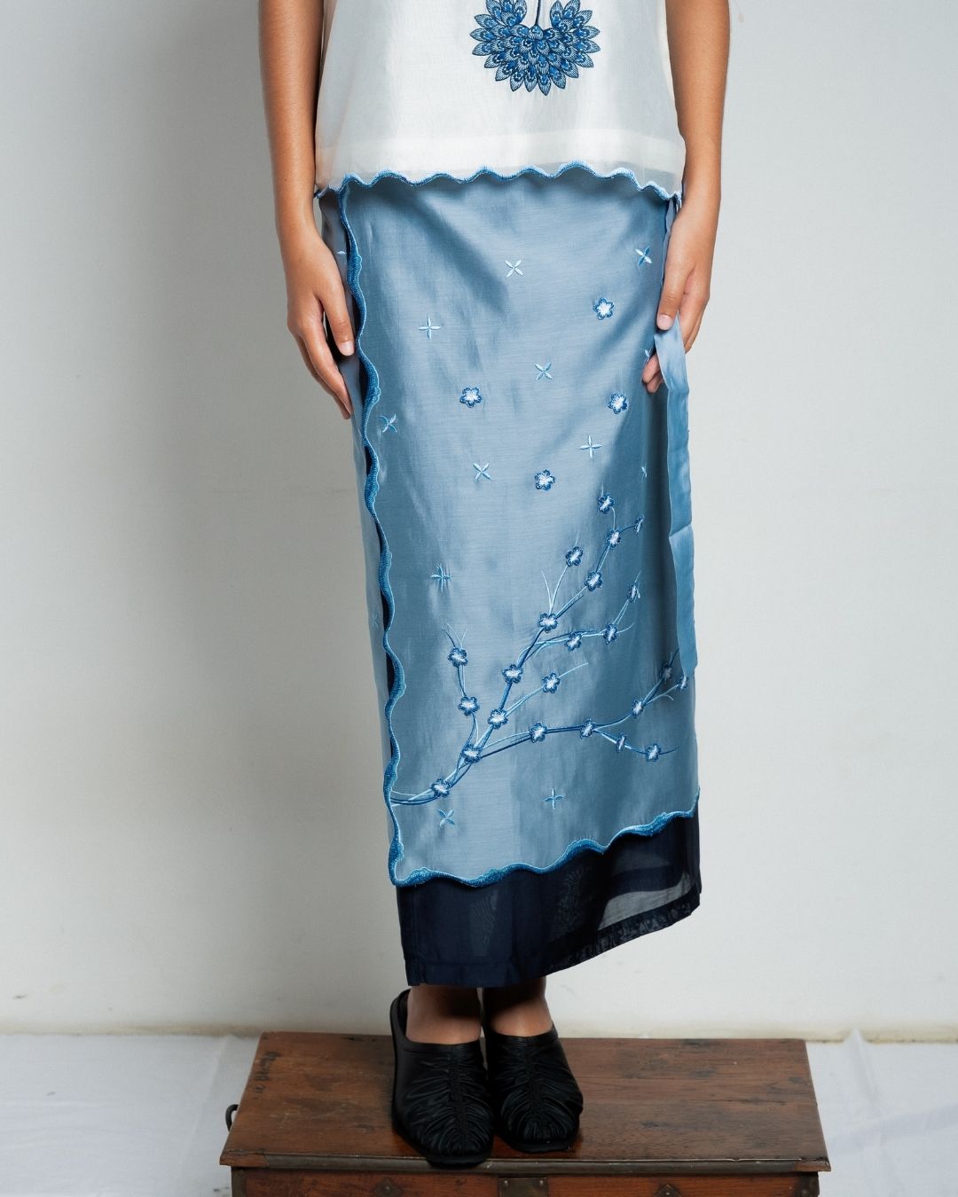 BOOLAO Sakura Saroong Wrap Skirt - Denim Blue