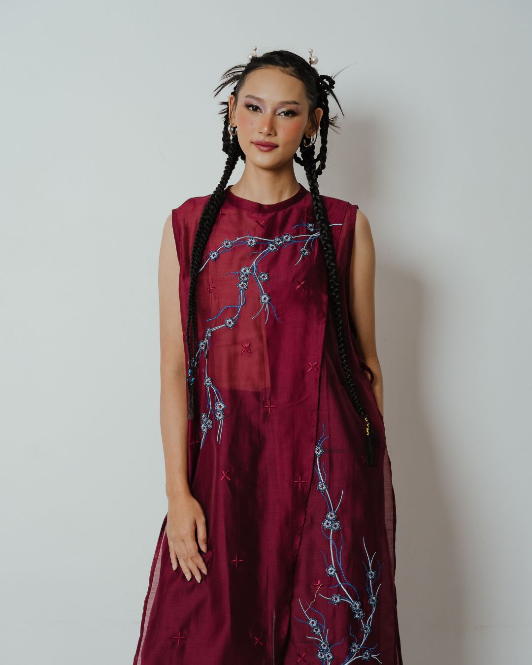 BOOLAO Long Vest Sakura 3D Embroidery - Red Wine