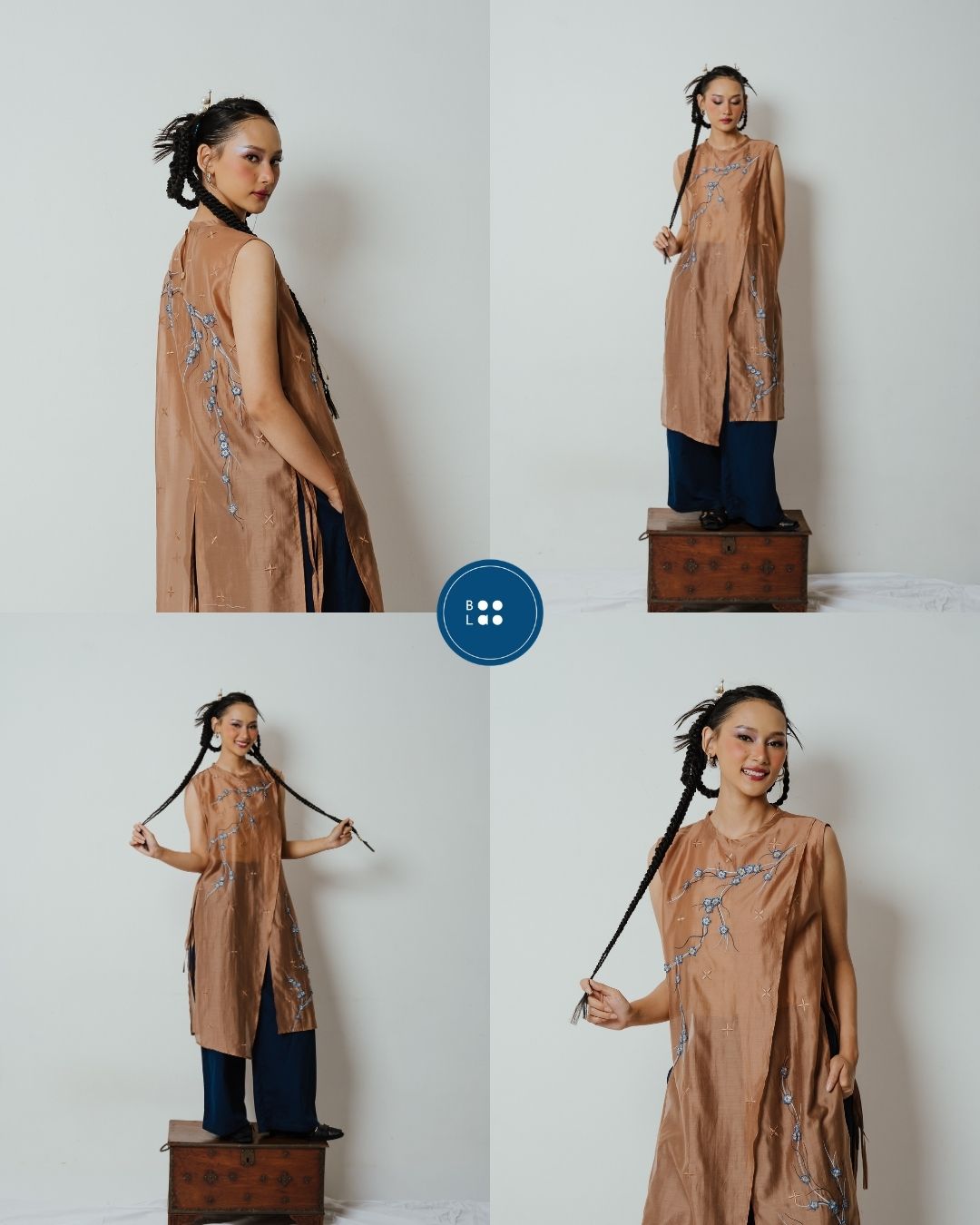 BOOLAO Long Vest Sakura 3D Embroidery - Brown