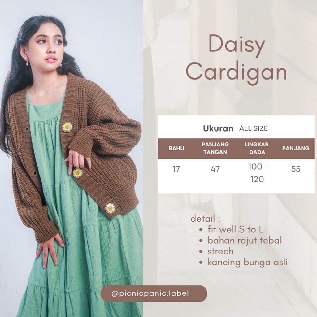 BOOLAO Picnic Panic Daisy Knit Cardigan (Sweater Rajut dengan Pressed Flower Kancing) - Browny