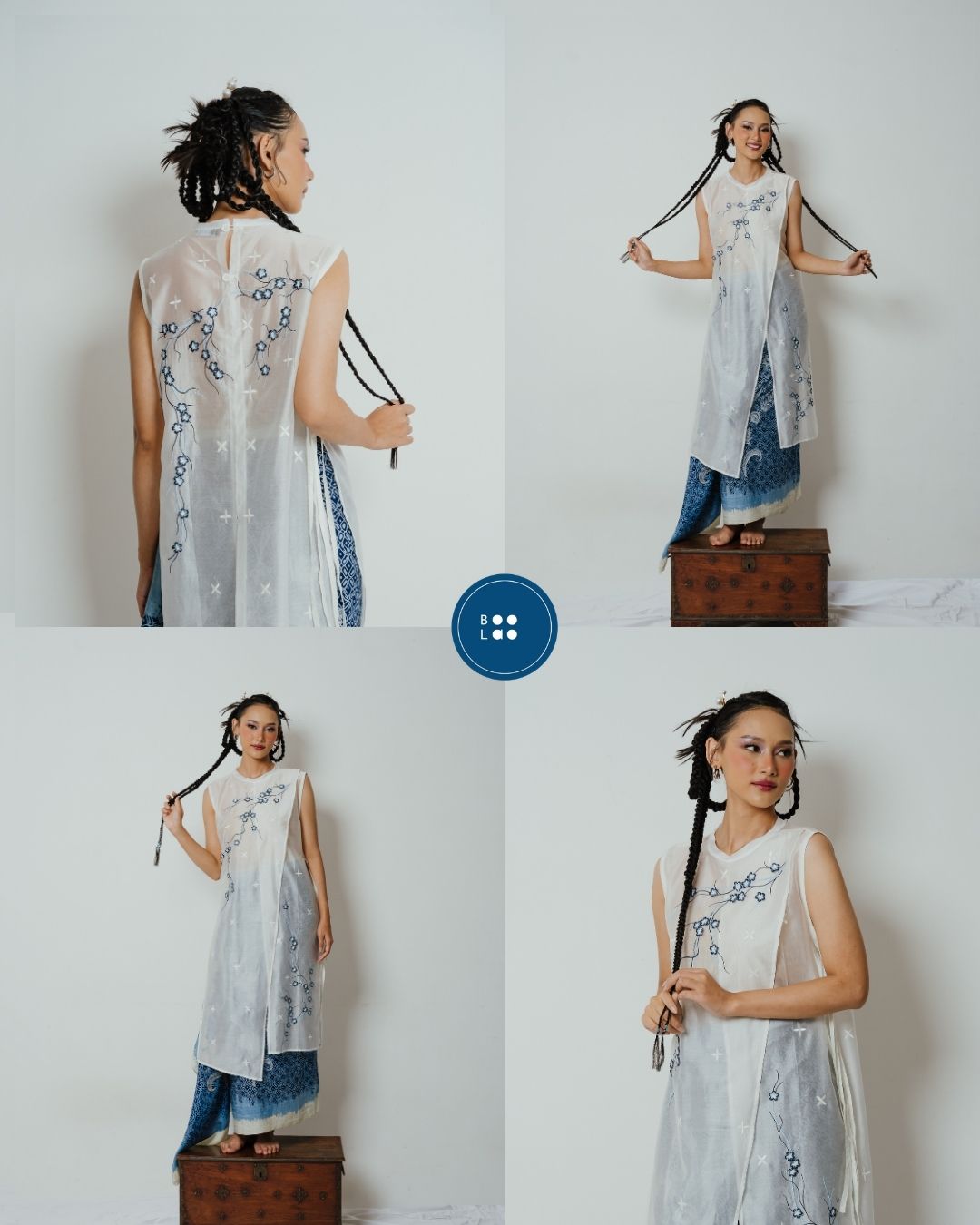 BOOLAO Long Vest Sakura 3D Embroidery - White