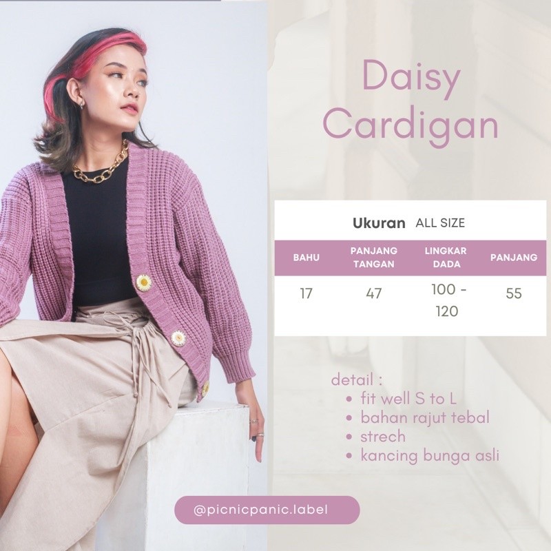 BOOLAO Picnic Panic Daisy Knit Cardigan (Sweater Rajut dengan Pressed Flower Kancing) - Rose Wine