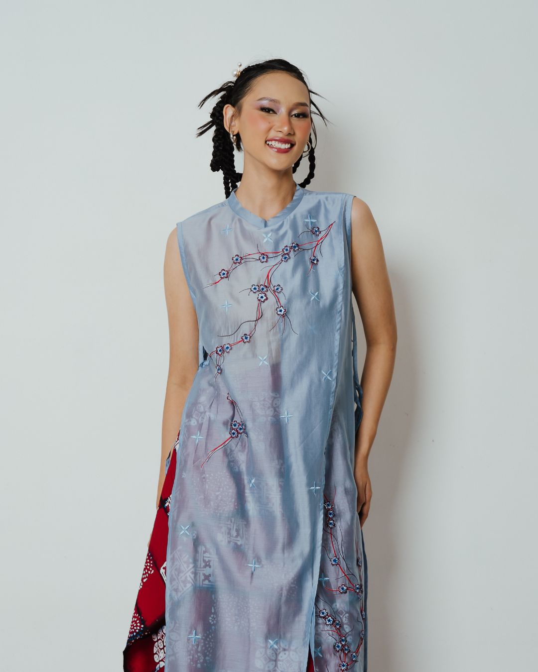 BOOLAO Long Vest Sakura 3D Embroidery - Denim Blue